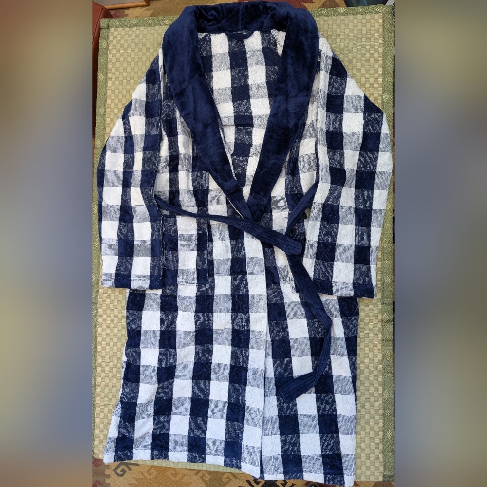 Hastens Mens Cotton Long Sleeve Gingham Print Waist Tied Robe Blue Size Small